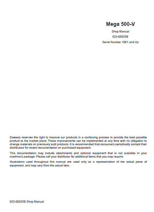 Daewoo Doosan Mega 500 v Service Catalogue Manual