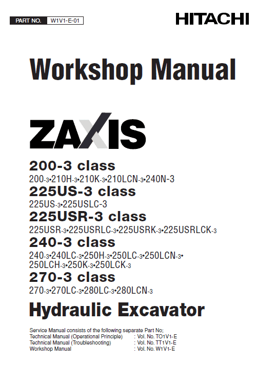 Hitachi Zaxis 225usr-3 Hydraulic Excavator Wsm Repair Manual