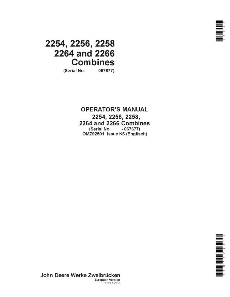 John Deere 2254 2256 Combines Operator Manual

