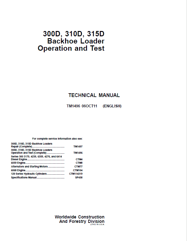 Cat Repair Manual (PDF) John Deere 300D, 310D, 315D Operation Test Manual