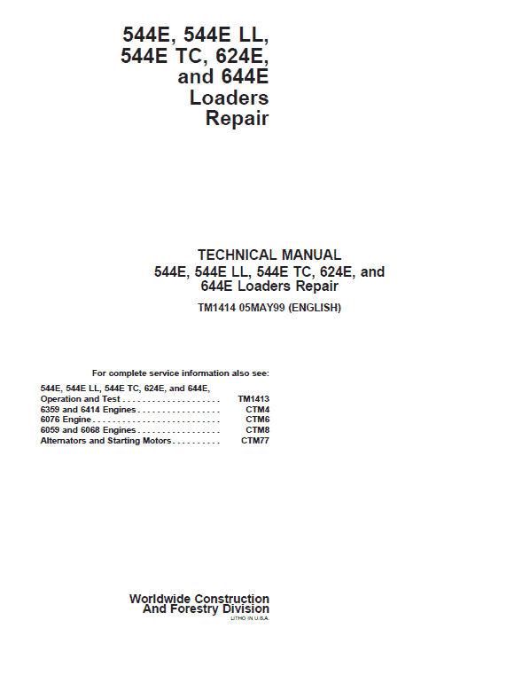 John Deere 544e, 624e And 644e Loader Service Repair Manual