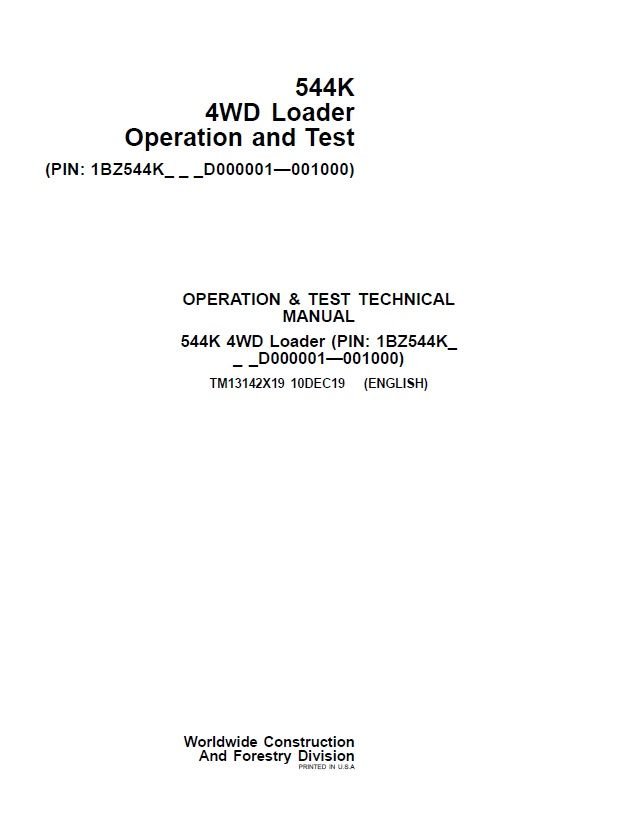 John Deere 544K 4WD Loader Operation and Test Manual TM13142x19