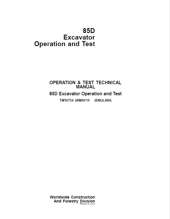 John Deere 85D Excavator Operation and Test Manual