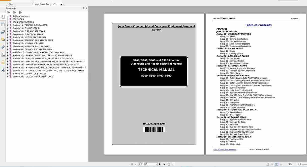 John Deere 5200, 5300, 5400, 5500 Tractor Diagnostic Service Manual