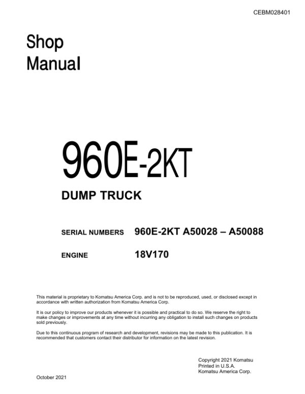 Komatsu 960E-2 DUMP Truck Excavator Service Repair Manual