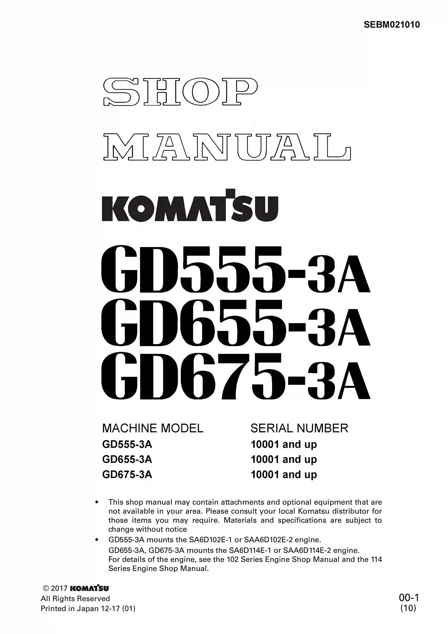 Komatsu GD655-3A, GD675-3A Workshop Service Manual