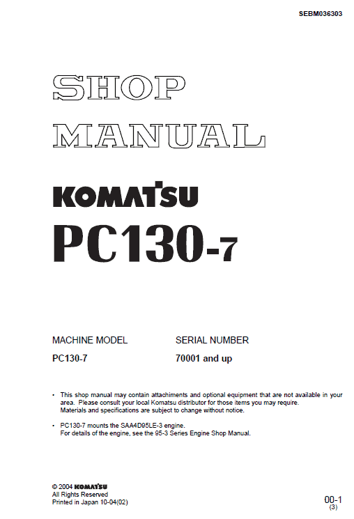 Komatsu PC130-7 Operation and Maintenance Manual
