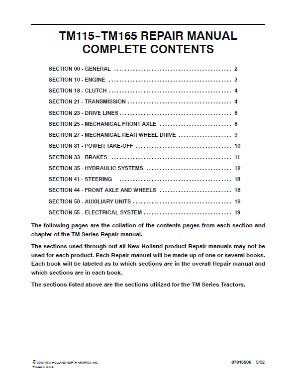 New Holland Tm115 Tm120 Tm125 Tractor Service Manual