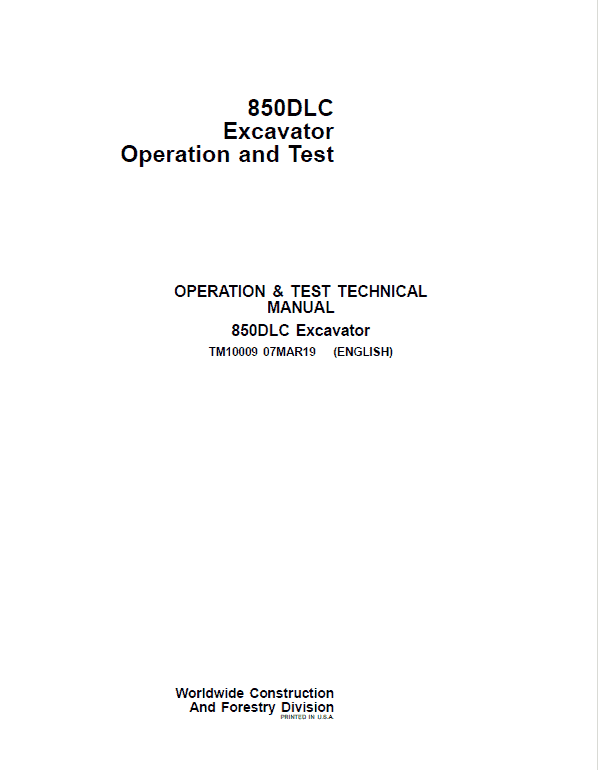 John Deere 850DLC Excavator Diagnostic Test Service Manual TM10009