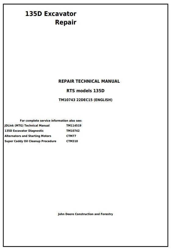 John Deere 135D RTS Excavator Repair Service Manual Pdf TM10743