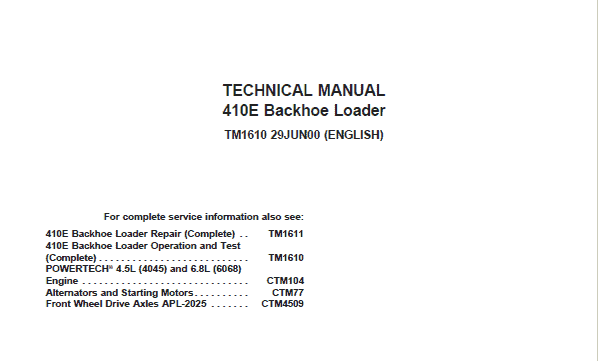 Cat Repair Manual (PDF) John Deere 410E Backhoe Loader Technical Manual