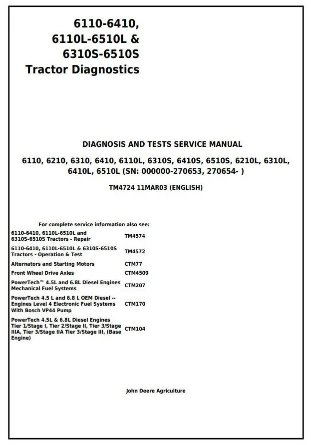 John Deere 6310 6410 6510S Tractor Diagnostic and Test Service Manual