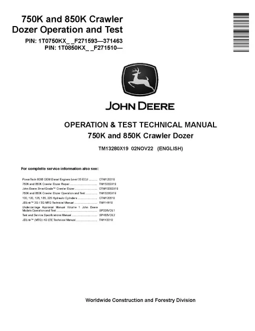 John Deere 750 k Crawler Dozer Operation and Test Manual TM13280X19