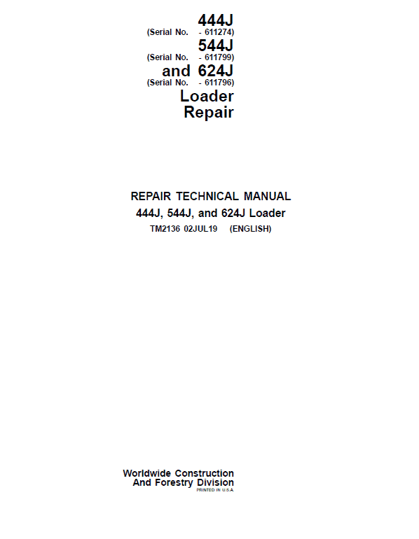 John Deere 444J, 544J, 624J Loader Technical Manual