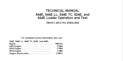 John Deere 544E, 544E LL, 544E TC, 624E, 644E Loader Operation Test Manual