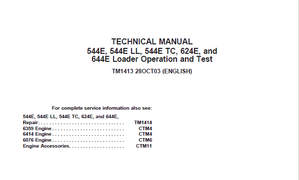 John Deere 544E, 544E LL, 544E TC, 624E, 644E Loader Operation Test Manual