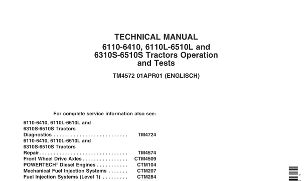 John Deere 6110-6410, 6110L-6510L, 6310S-6510S Tractors Diagnostics Test Service Manual