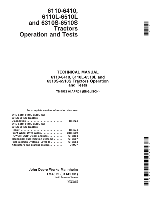 John Deere 6110-6410, 6110L-6510L, 6310S-6510S Tractors Diagnostics Test Service Manual