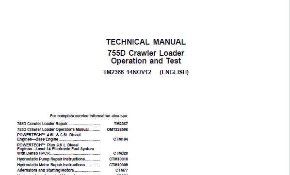 Cat Repair Manual (PDF) John Deere 755D Crawler Loader Technical Manual TM2366 and TM2367