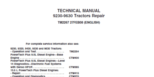 John Deere 9230, 9330, 9430, 9530, 9630 Tractors Repair Technical Manual