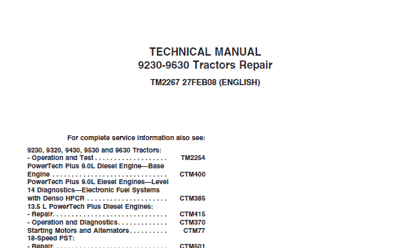 Cat Repair Manual (PDF) John Deere 9230, 9330, 9430, 9530, 9630 Tractors Repair Technical Manual
