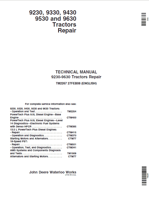 Cat Repair Manual (PDF) John Deere 9230, 9330, 9430, 9530, 9630 Tractors Repair Technical Manual