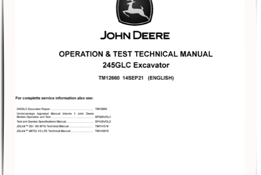 John Deere 245GLC Excavator Operation and Test Manual TM12660