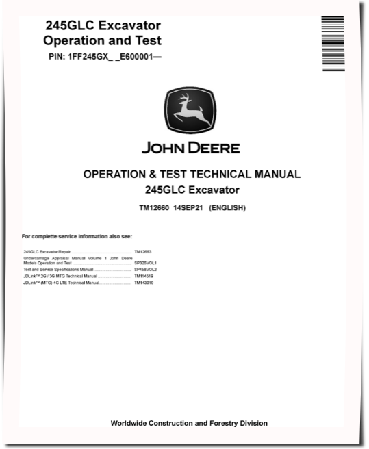 John Deere 245GLC Excavator Operation and Test Manual TM12660
