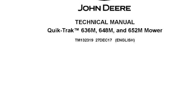 Official John Deere technical service manual cover image for the 636M and 652M QuikTrak stand-on mowers. Includes comprehensive troubleshooting, component repair, and systems diagnostics for commercial fleet maintenance.