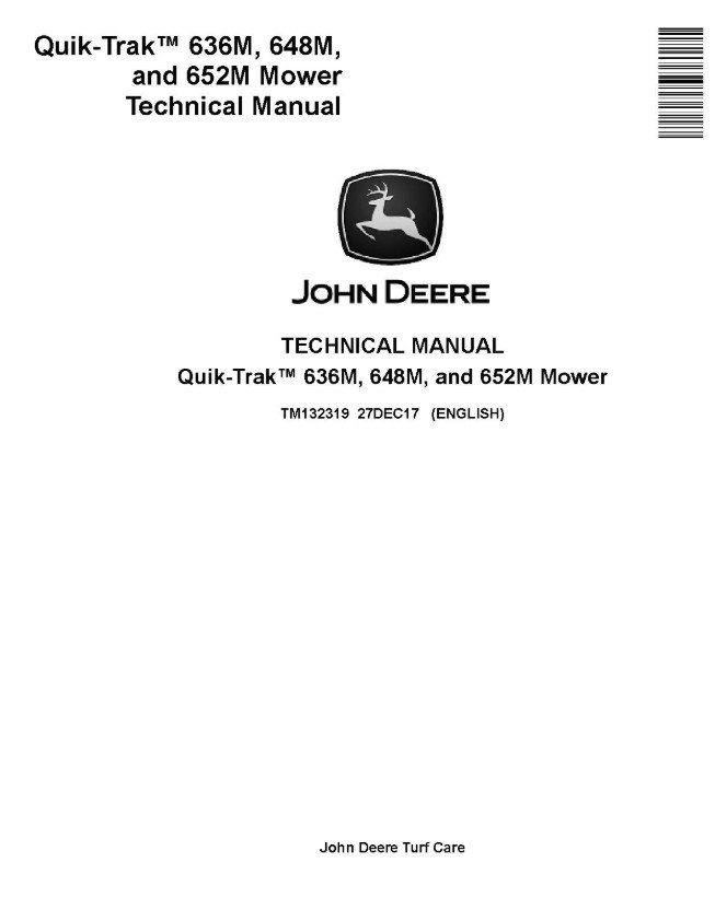 Official John Deere technical service manual cover image for the 636M and 652M QuikTrak stand-on mowers. Includes comprehensive troubleshooting, component repair, and systems diagnostics for commercial fleet maintenance.