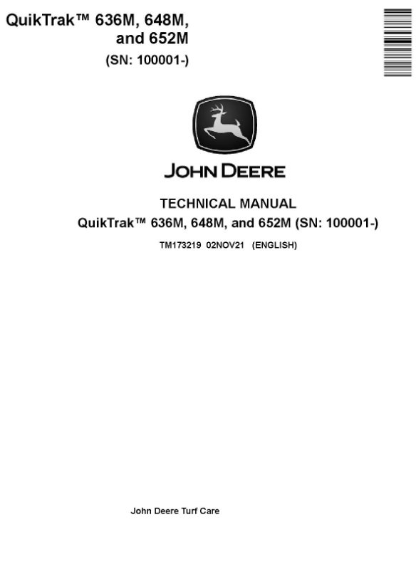 John Deere 636M, 648M, and 652M QuikTrak commercial stand-on mower technical service repair manual cover