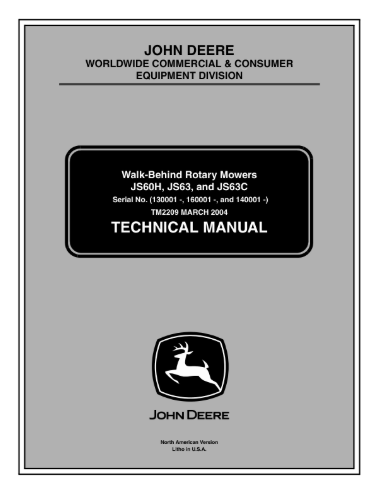 John Deere JS60H, JS63, and JS63C walk-behind rotary mowers technical repair manual TM2209 cover