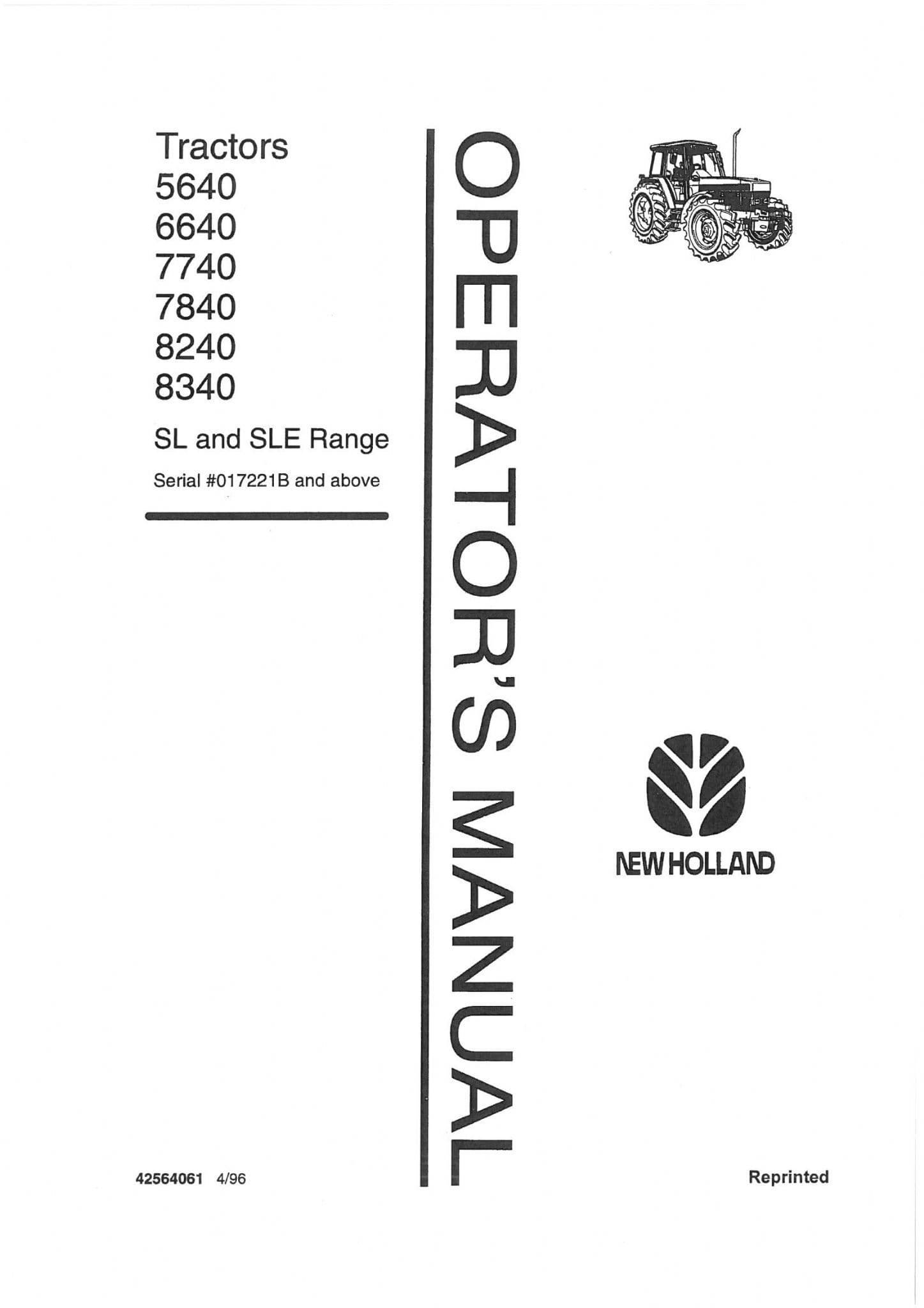 Ford New Holland 7840 8240 8340 Sl Sle Range Operation Manual