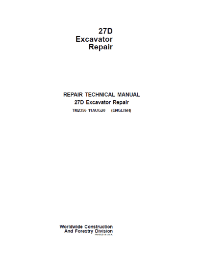 John Deere 27D Excavator Repair Technical Manual