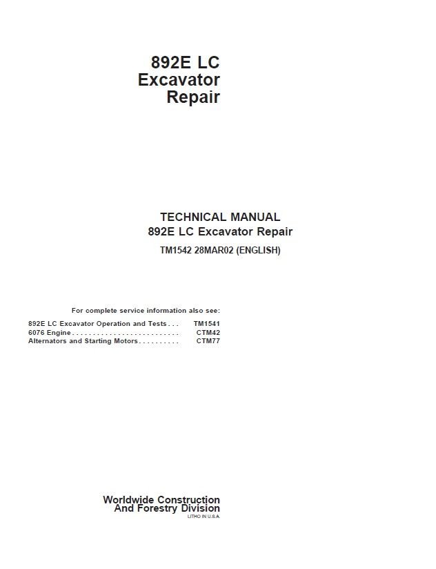 John Deere 892E LC Excavator Repair Technical Manual