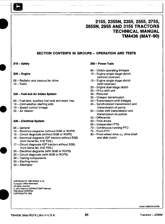 John Deere 2555 2755 2855N 2955 3155 Tractor Service Manual